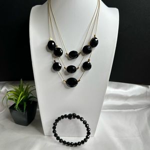 Kenneth Cole Layered Gold Tone Black Crystal Necklace & Crystal Bracelet